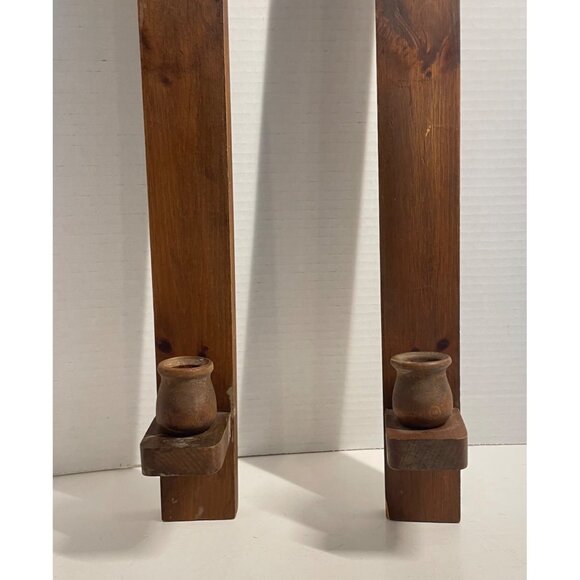 Vintage Wood Candle Wall Sconces Pair Rustic Decor 30”Tall Brown Wooden Holders - Picture 2 of 10